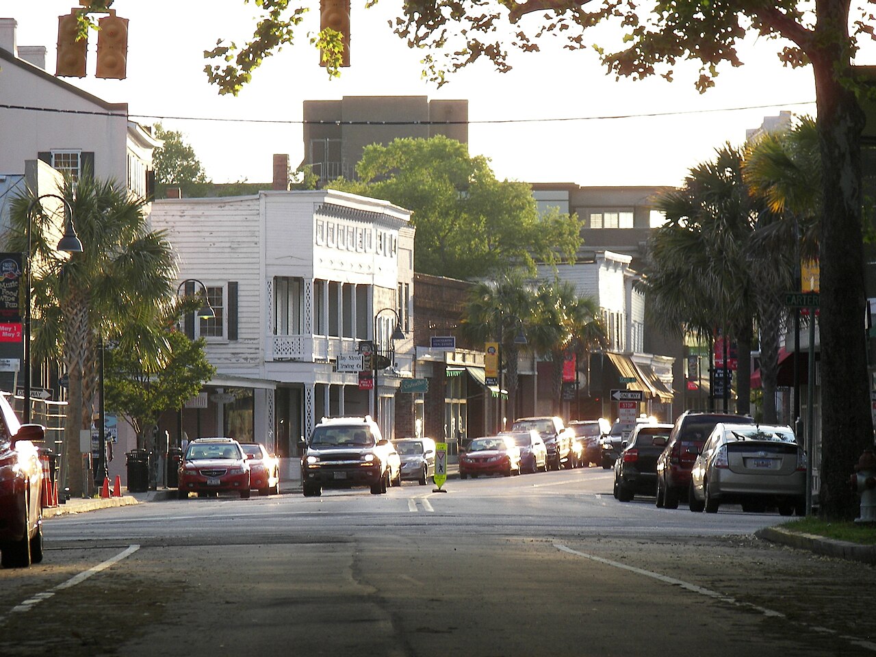 Downtown Bay Street in Beaufort with shops and palm trees